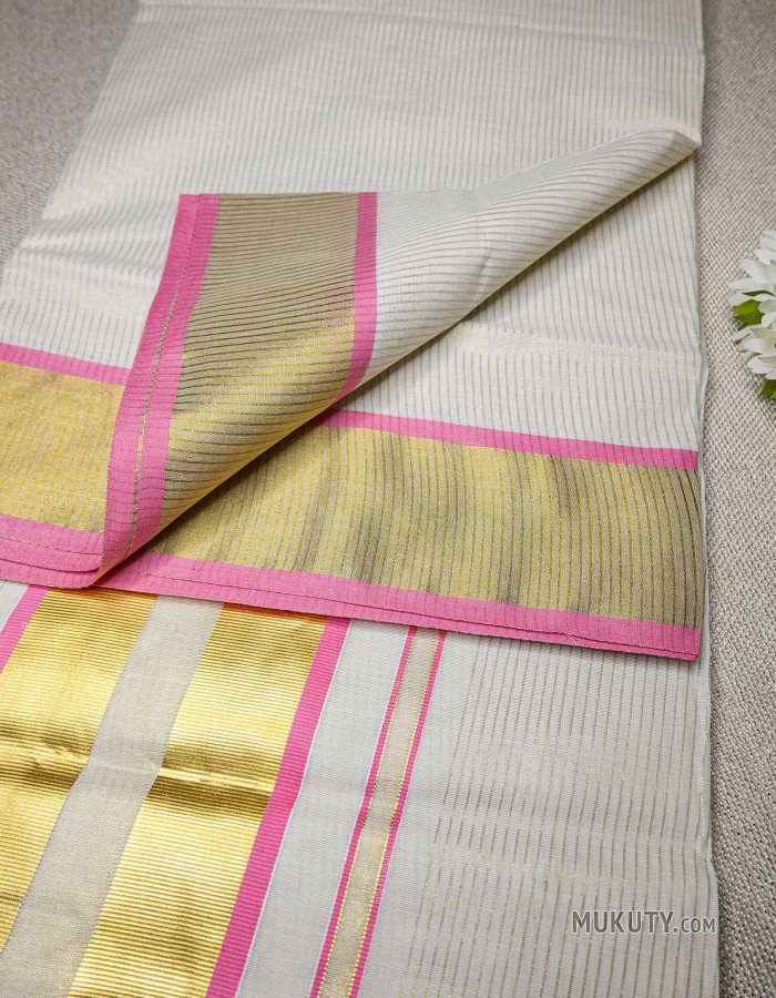 Kerala Traditional Golden Tissue Set Saree with Golden Line Design Pink
