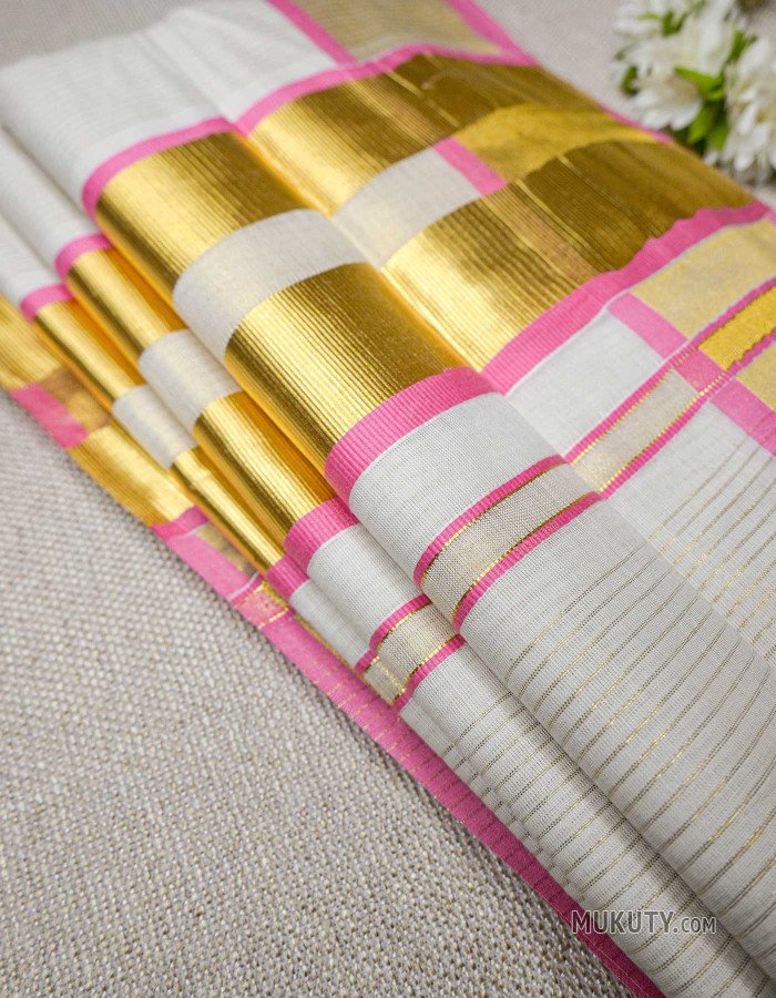 Kerala Traditional Golden Tissue Set Saree with Golden Line Design Pink